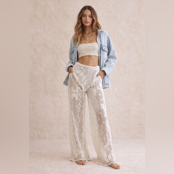 Raada Vintage Pants - Elegant White  Crochet Wide Leg Pants